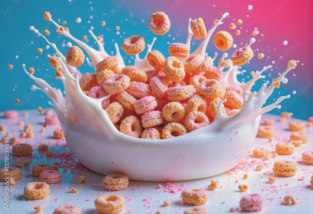 Poster cereal pieces floating in a milk tsunami, creating a splash of breakfast chaos