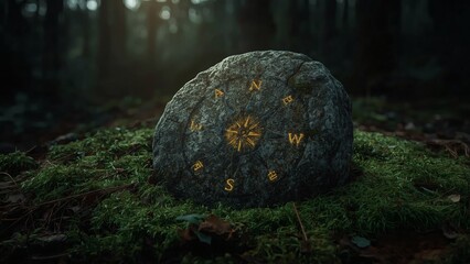 Stone compass with glowing runes embedded in moss-covered forest floor evoking mystery, nature magic, and ancient guidance.