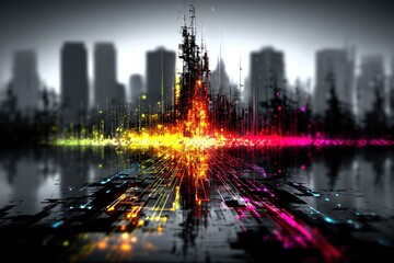 Vibrant city skyline with abstract light patterns reflecting on water at dusk creates a mesmerizing visual display