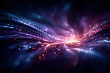 Colorful light trails create an abstract cosmic background resembling a swirling galaxy in deep space
