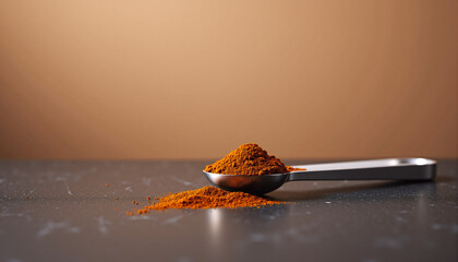 Modern product photo of cinnamon powder spilling from stainless steel spoon on glossy black surface, with beige mocha gradient background, ideal for branding, packaging, food or wellness design