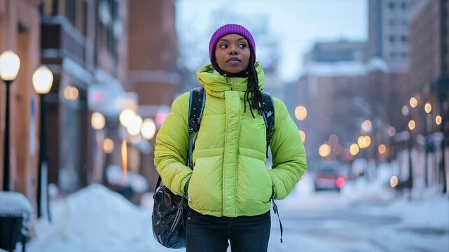 Woman in vibrant lime puffer jacket and purple beanie walks snowy city street at dusk