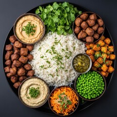 A delicious platter of rice hummus meatballs and fresh vegetables