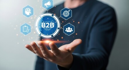 Business to business concept with digital icons and a person s hand