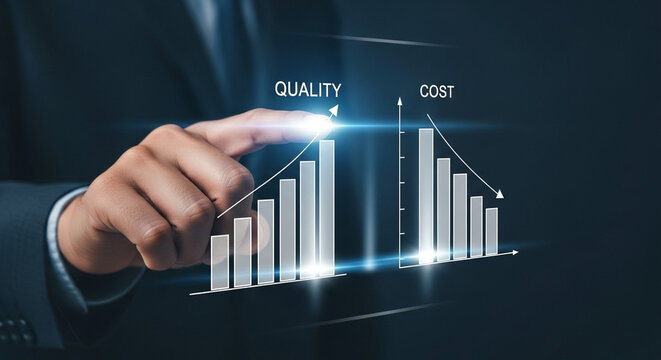 Hand pointing at quality graph increasing and cost graph decreasing on a digital interface