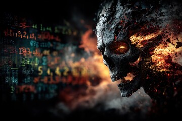 Digital skull with fiery background and code elements creating a dramatic visual of destruction and technology