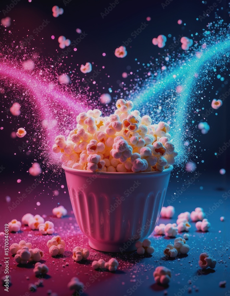 Poster colorful popcorn kernels exploding with butter spray and salt particles
