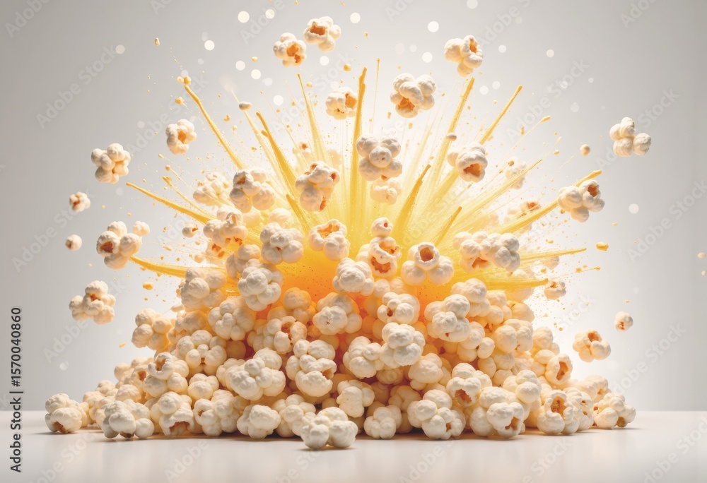 Poster digital illustration of popcorn kernels exploding with butter and salt particles