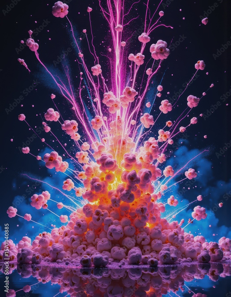 Poster digital illustration of popcorn kernels exploding with butter and salt particles