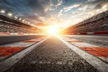 A racetrack finish line at sunset, with grandstands full of spectators and dramatic clouds in the sky