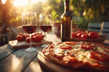 A delicious pizza and two glasses of red wine on a rustic outdoor table, with fresh tomatoes and wine bottle in warm sunset light