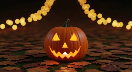 Glowing jack o lantern surrounded by autumn leaves and festive lights