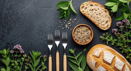 Rustic bread and fresh herbs with forks and seeds on dark surface