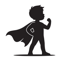 Silhouette of a young boy wearing a superhero cape and flexing his arm