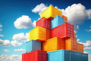 Colorful shipping containers stacked high against a bright blue sky with scattered white clouds