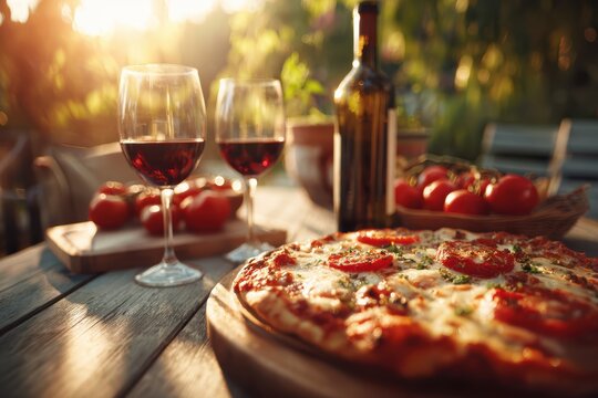 A delicious pizza and two glasses of red wine on a rustic outdoor table, with fresh tomatoes and wine bottle in warm sunset light