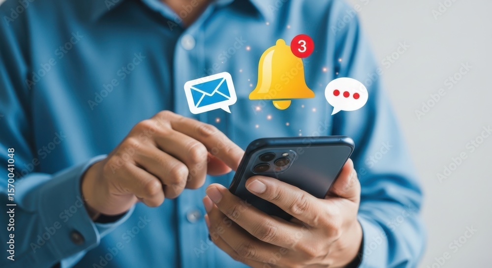 Poster man using smartphone with notification icons for messages and alerts