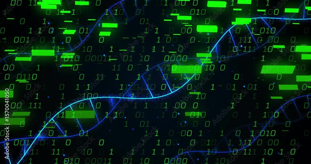 Poster green digits beginning, blue dna helix extending as binary rain blocks pulsing for data saturation