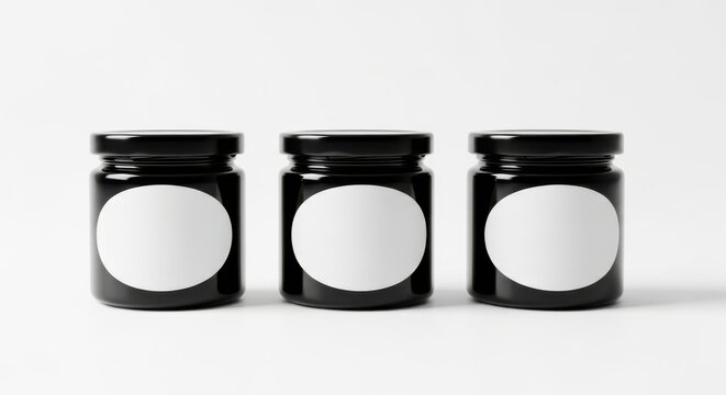 Three glossy black jars with blank white oval labels arranged in a row