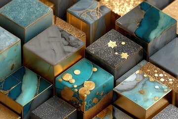 Decorative cubes display with intricate designs and vibrant colors in a modern art composition