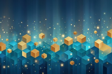Digital abstract design featuring cubes and shimmering lights in blue and gold tones