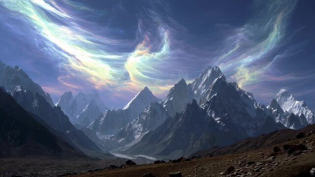 Colorful polar stratospheric clouds are waving over majestic snow capped mountain peaks, creating a breathtaking and otherworldly landscape