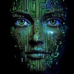 Abstract digital anonymous hacker with light blue laptop and AI chip. Technology electronics background. Computer chip and glitch data flow. Tech artificial intelligence bg. Vector illustration