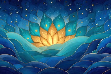 Bright lotus flower blooming in a sea of blue waves under a starry night sky