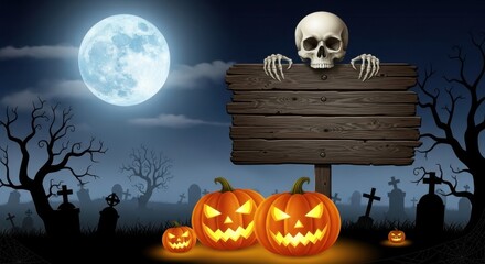 Spooky halloween graveyard scene with a skeleton pumpkins and a full moon