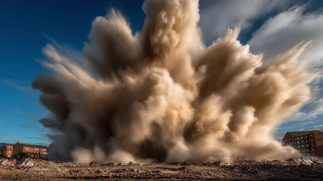 Controlled implosion creating a massive cloud of dust and debris rising into the sky, with residential buildings in the background, showcasing urban demolition and redevelopment