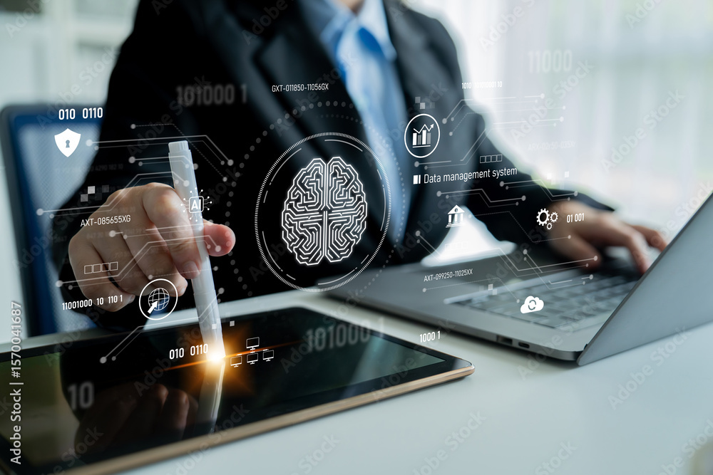 Poster ai data management system for digital analysis, with ai, data, and system repeating for better seo t
