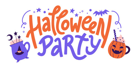 Web banner "Halloween party" with funny mugs. Vector hand lettering phrase with spooky doodle elements isolated on white background. Handwritten text for invitation, card, or print. 