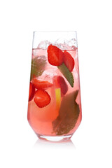Refreshing drink with strawberries, mint, lemon and ice in glass on mirror surface against white...