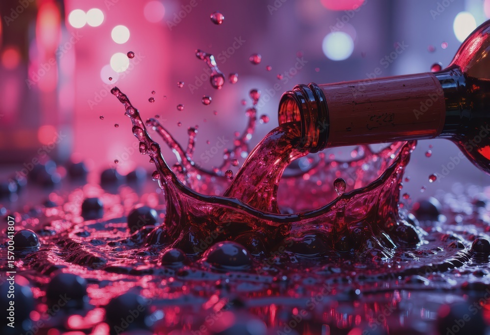 Poster wine cork flying from bottle with a splash of red liquid and grape cascade