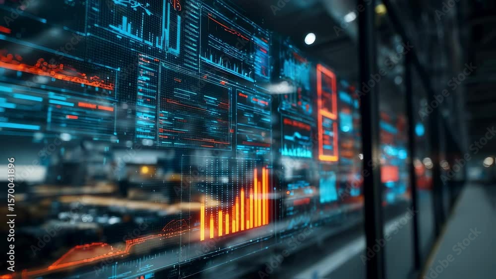 Poster futuristic digital screens display complex data visualizations and analytics in a modern office envi