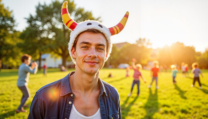 Playful young man with festive horns smiling in sunny park, joyfulness