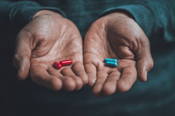 A person holds a red pill in one hand and a blue pill in the other, symbolizing choice or decision-making