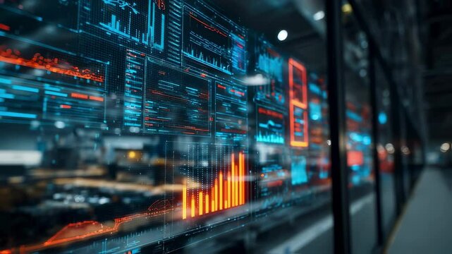 Futuristic digital screens display complex data visualizations and analytics in a modern office environment, highlighting technological advancements and data driven decision making