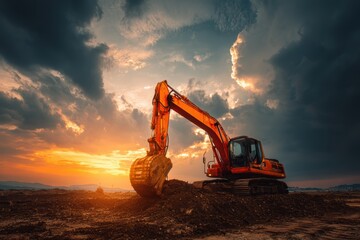 An orange excavator works on a construction site at sunset, with dramatic clouds and vivid sky in the background