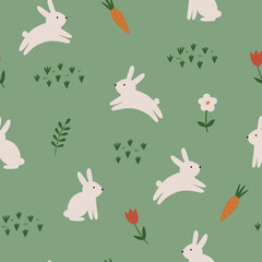 Cute pattern with white rabbits. Vector illustration on a green background