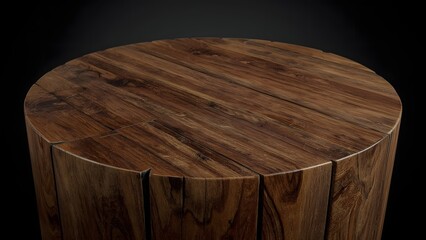 Close up view of a rustic wooden stump side table with a dark background