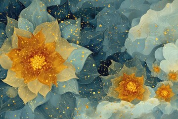 Vibrant abstract floral design featuring golden flowers against a soft blue background