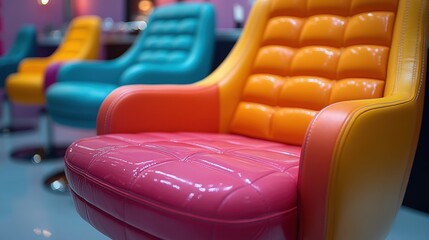 Brightly colored chairs in a salon with a mirror in the background  nail salon chair