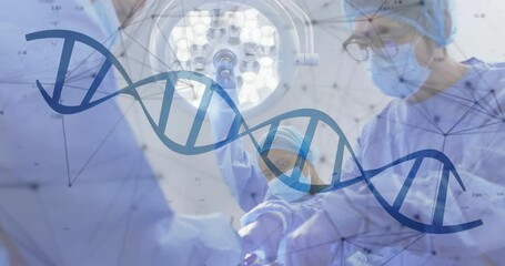 Surgical team adjusting lamp, assistant handing scalpel with DNA helix animating preparing incision - Powered by Adobe