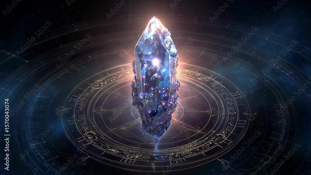 Poster bright, large crystal radiating energy, positioned above an intricate celestial chart, set against a