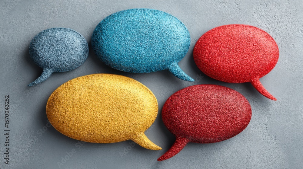 Poster A group of colorful speech bubbles are arranged in a row. The speech bubbles are made of a shiny material and are of different sizes. The arrangement of the speech bubbles creates a sense of unity