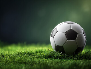 Fototapeta premium Soccer ball rotated on vibrantly lit grass with dark green background