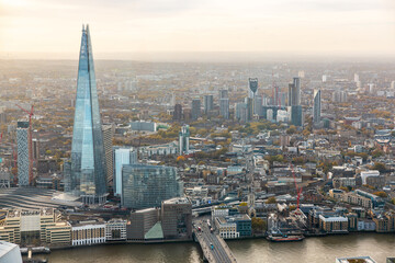 London skyline featuring skyscrapers and river Thames on a cloudy day