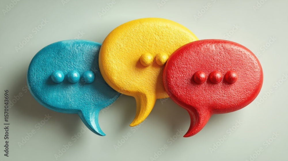 Poster three colorful speech bubbles with a red one in the middle. the bubbles are made of a material that 