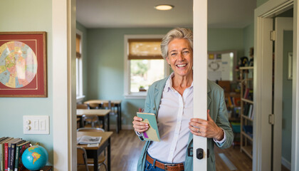 Smiling teacher welcoming students at classroom doorway, educational warmth